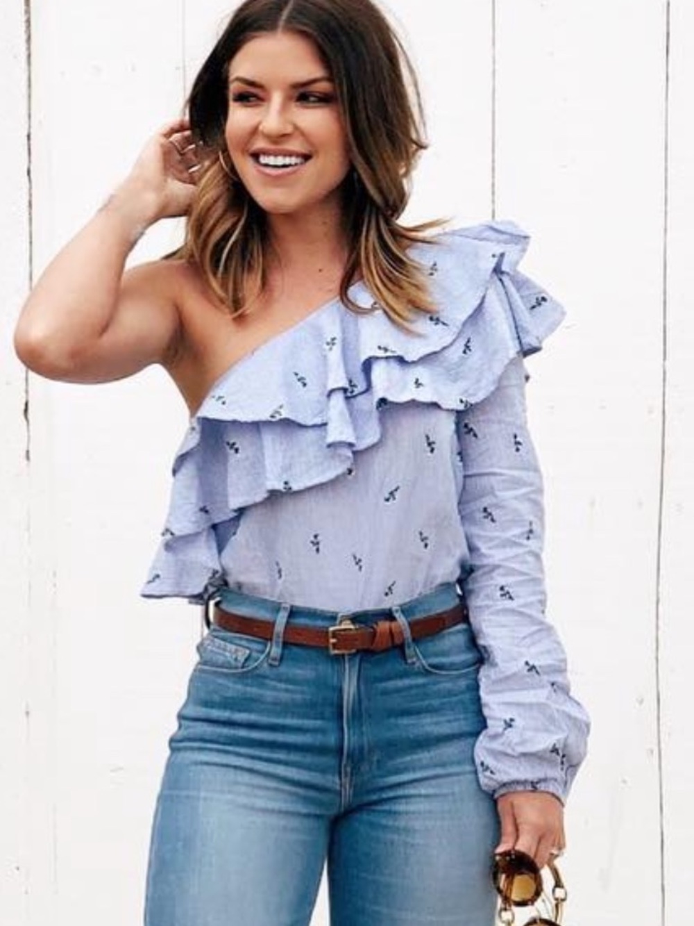 House of Harlow 1960 Light Blue One-Shoulder Ruffle Top